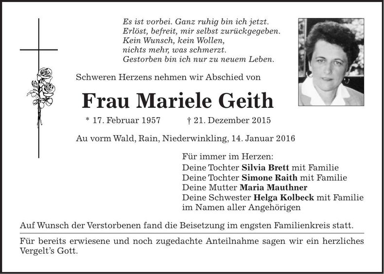 Traueranzeige Mariele Geith