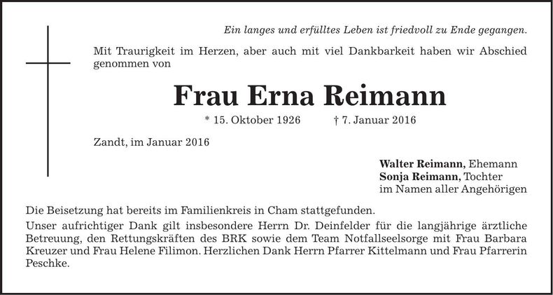 Traueranzeige Erna Reimann