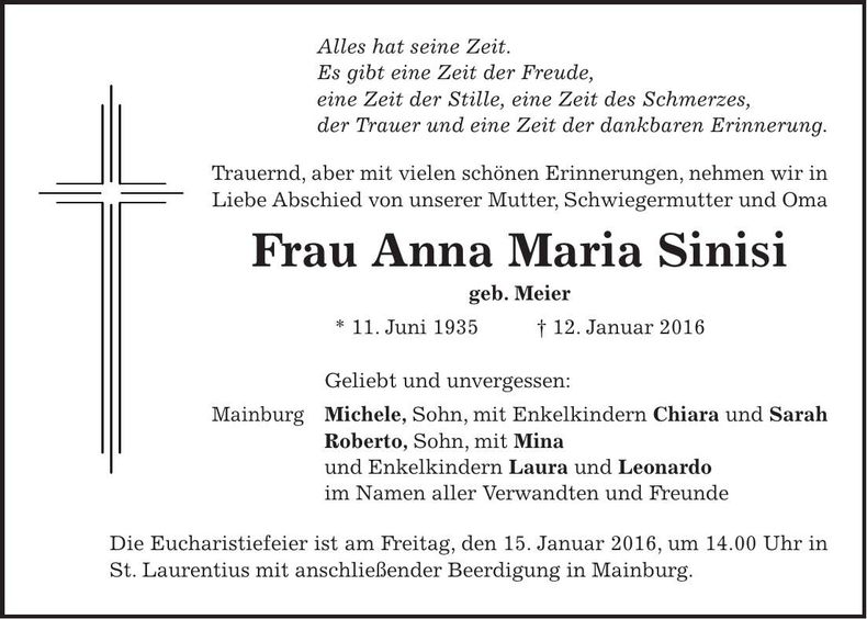Traueranzeige Anna Maria Sinisi