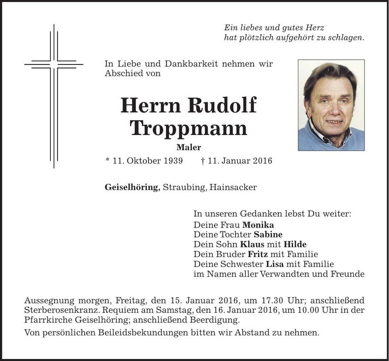 Traueranzeige Rudolf Troppmann