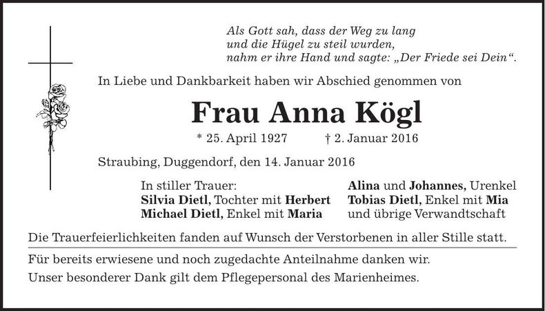 Traueranzeige Anna Kögl
