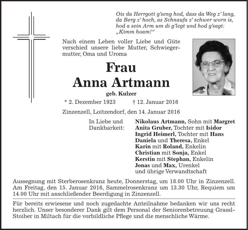 Traueranzeige Anna Artmann