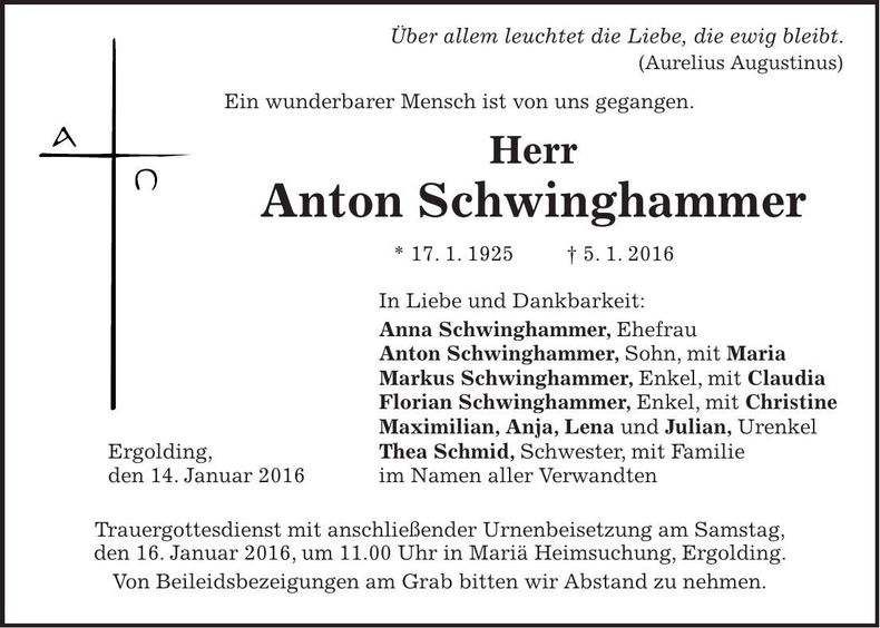 Traueranzeige Anton Schwinghammer