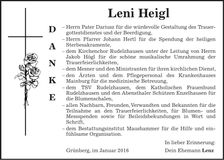 Traueranzeige Leni Heigl