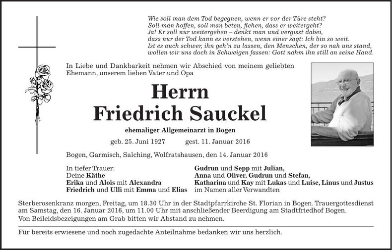 Traueranzeige Friedrich Sauckel