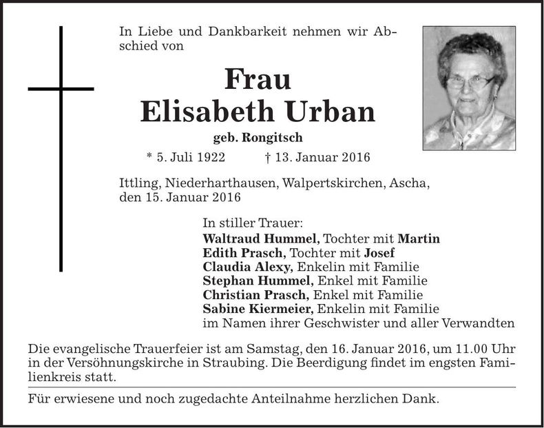 Traueranzeige Elisabeth Urban