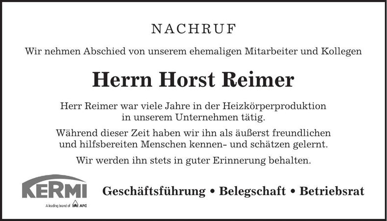 Traueranzeige Horst Reimer
