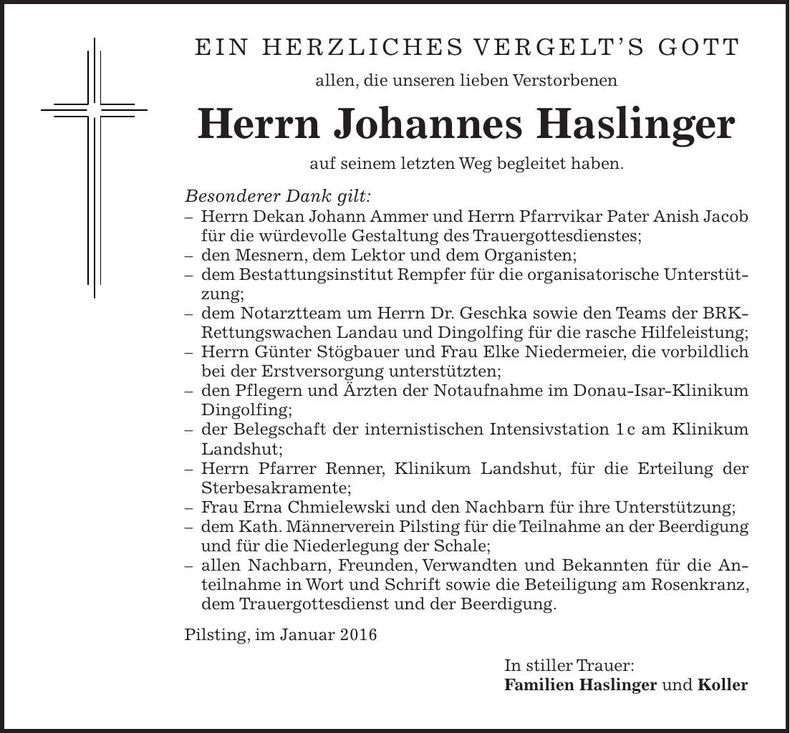 Traueranzeige Johannes Haslinger