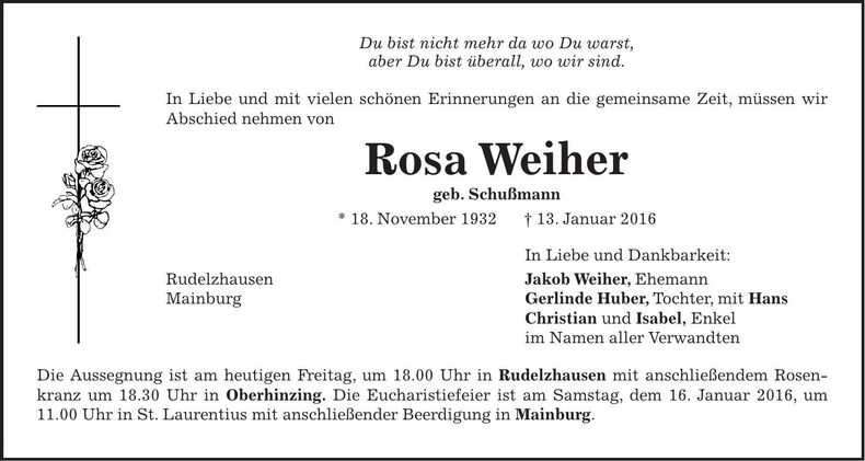 Traueranzeige Rosa Weiher