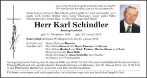 Traueranzeige Karl Schindler