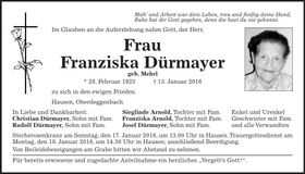 Traueranzeige Franziska Dürmayer