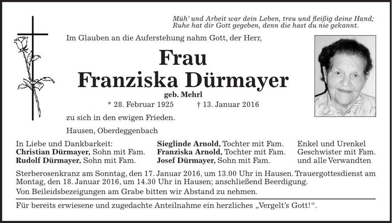 Traueranzeige Franziska Dürmayer