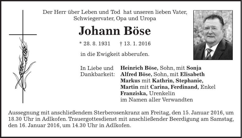 Traueranzeige Johann Böse