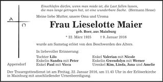 Traueranzeige Lieselotte Maier