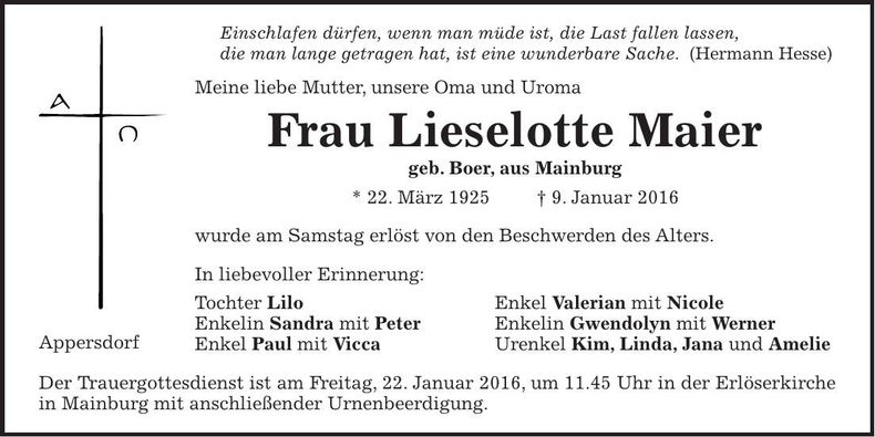 Traueranzeige Lieselotte Maier