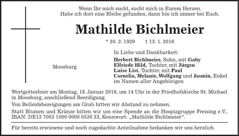 Traueranzeige Mathilde Bichlmeier