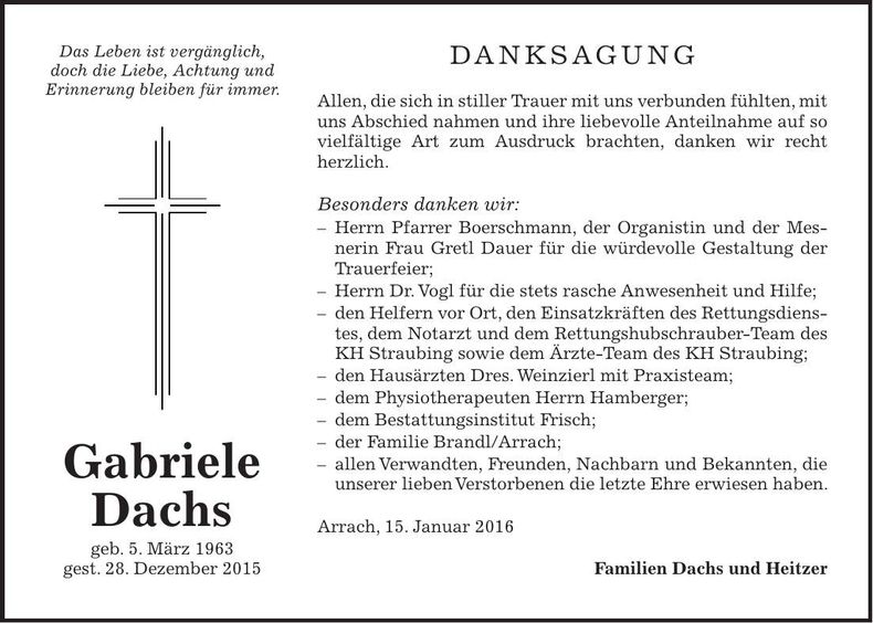 Traueranzeige Gabriele Dachs