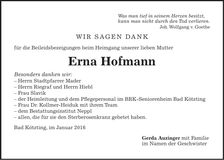 Traueranzeige Erna Hofmann