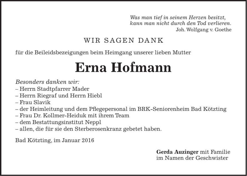Traueranzeige Erna Hofmann