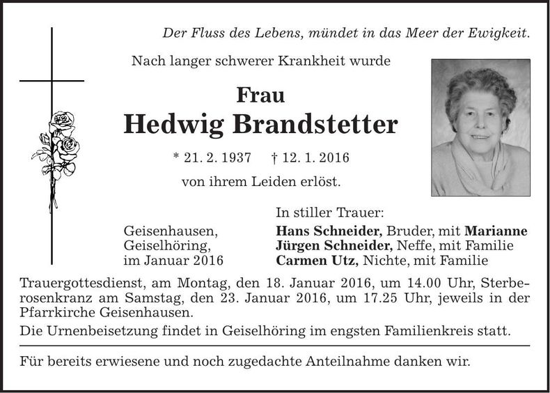Traueranzeige Hedwig Brandstetter
