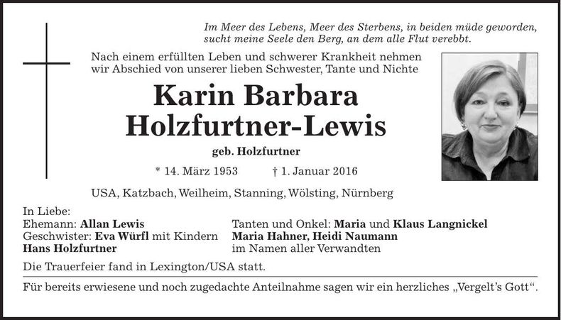 Traueranzeige Karin-Barbara Holzfurtner-Lewis