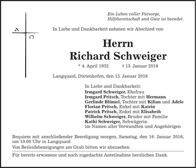 Traueranzeige Richard Schweiger