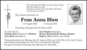 Traueranzeige Anna Hien