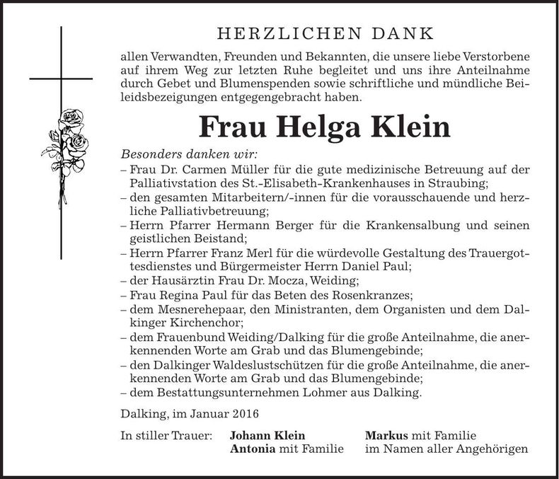 Traueranzeige Helga Klein