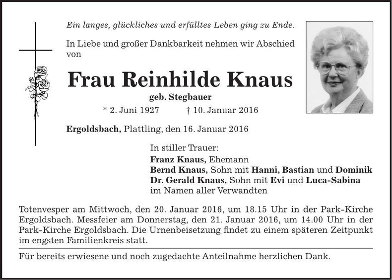 Traueranzeige Reinhilde Knaus