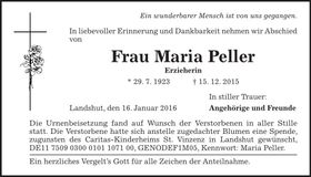 Traueranzeige Maria Peller
