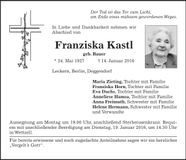 Traueranzeige Franziska Kastl