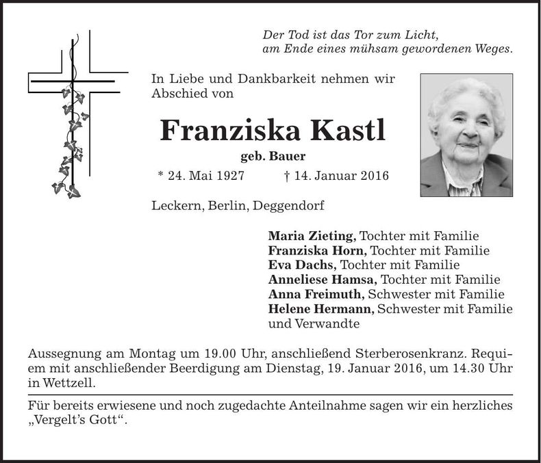 Traueranzeige Franziska Kastl