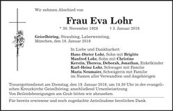 Traueranzeige Eva Lohr
