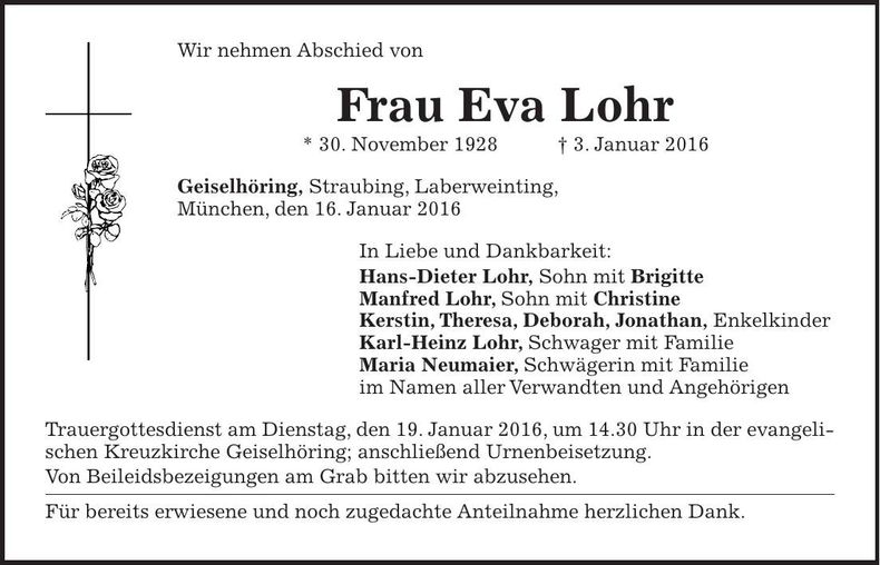 Traueranzeige Eva Lohr