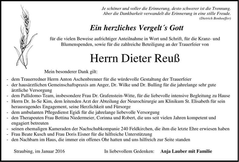 Traueranzeige Dieter Reuß