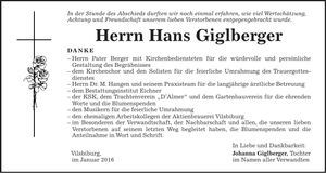 Traueranzeige Hans Giglberger