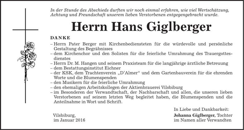 Traueranzeige Hans Giglberger