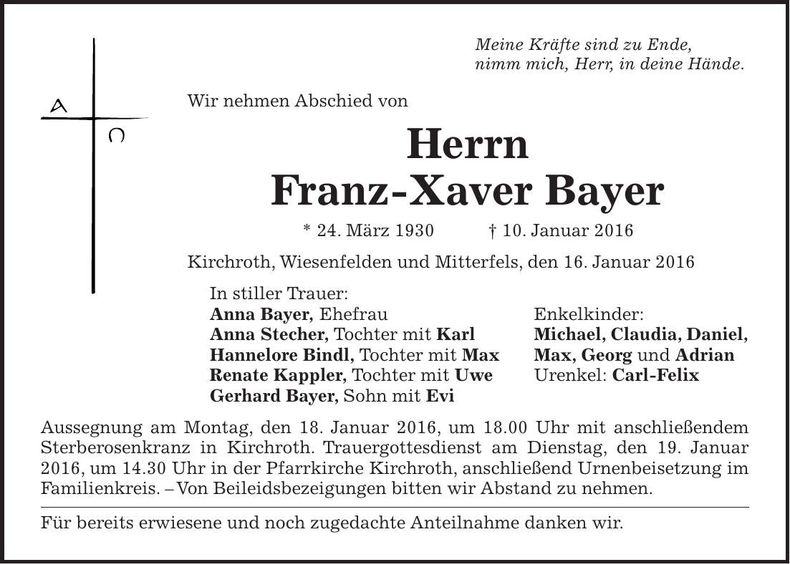 Traueranzeige Franz-Xaver Bayer