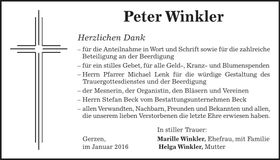Traueranzeige Peter Winkler