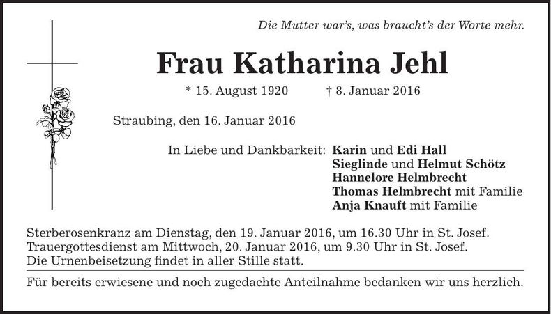 Traueranzeige Katharina Jehl