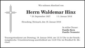 Traueranzeige Waldemar Hinz