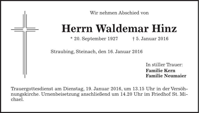 Traueranzeige Waldemar Hinz
