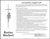 Traueranzeige Rosina Höcherl