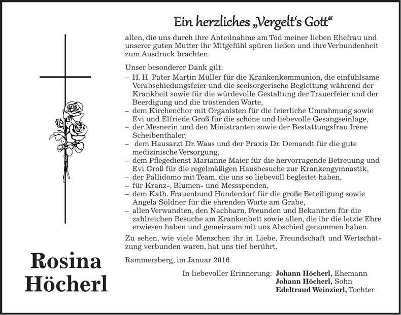 Traueranzeige Rosina Höcherl
