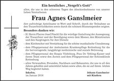 Traueranzeige Agnes Ganslmeier