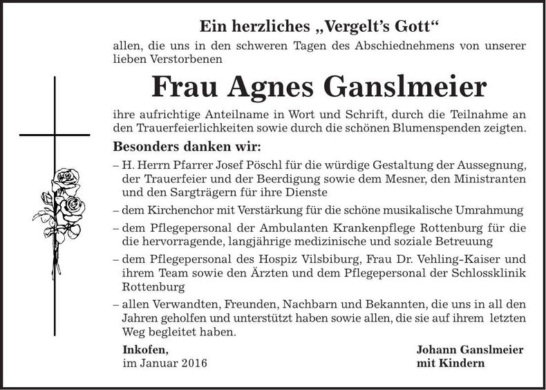 Traueranzeige Agnes Ganslmeier