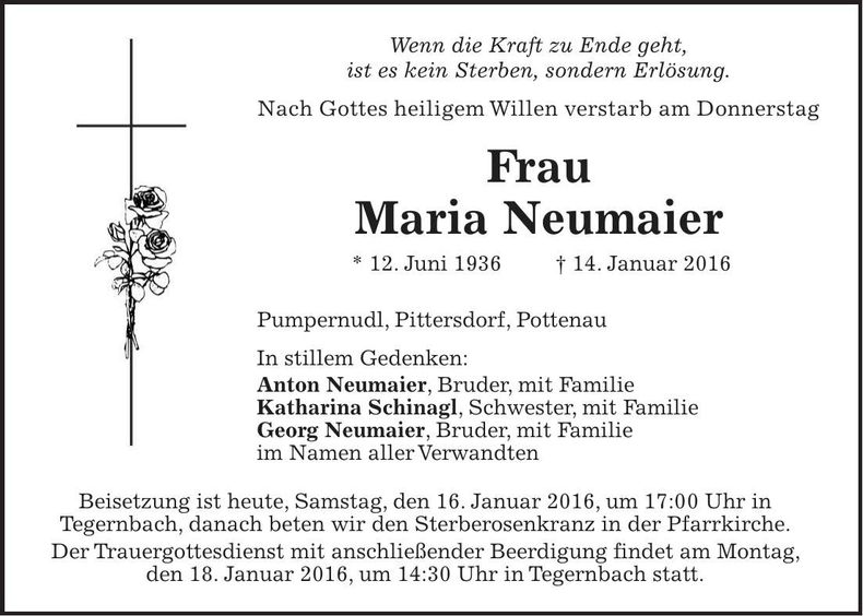 Traueranzeige Maria Neumaier