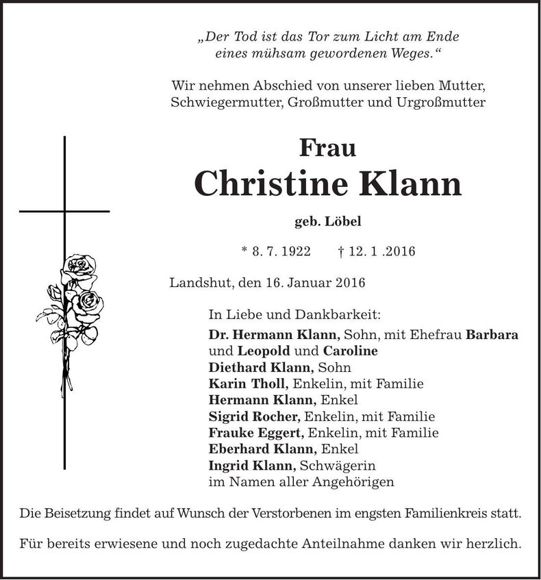 Traueranzeige Christine Klann