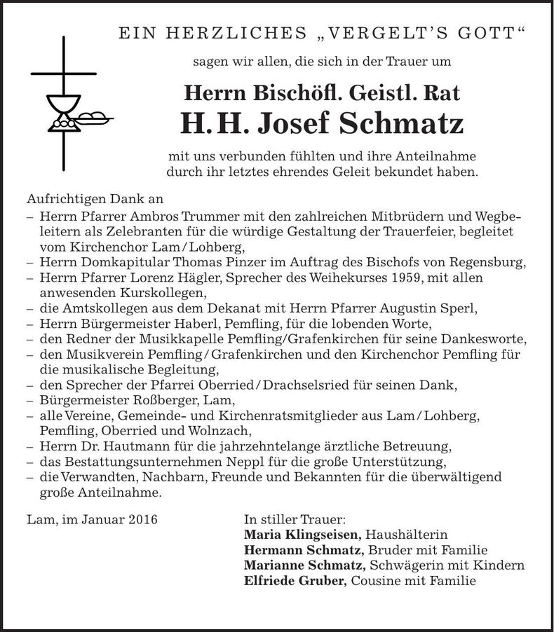 Traueranzeige Josef BGR H. H. Schmatz
