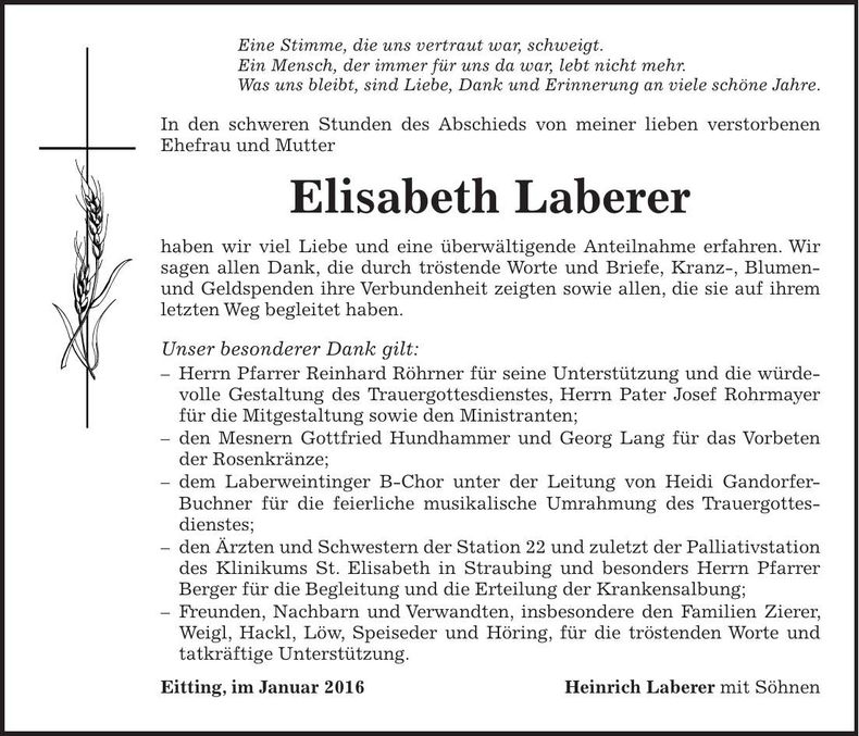Traueranzeige Elisabeth Laberer